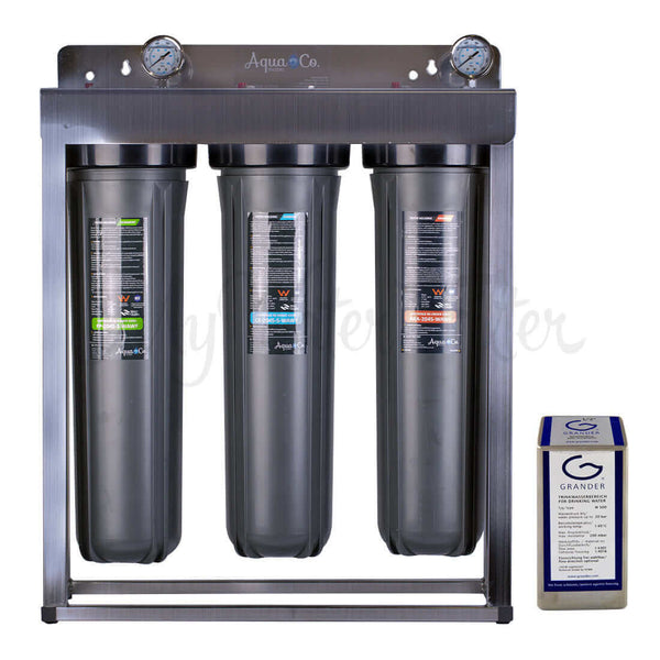 Inside view of the AquaCo Premium Triple Stage Whole House Water Filter includes a three-stage filtration system, two pressure gauges, and features a Grander revitalisation unit.