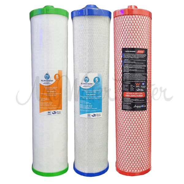 Three AquaCo Premium Triple Whole House Water Filter cartridges with caps in which the sediment filter in green, activated carbon block in blue, and Aragon filter in red.