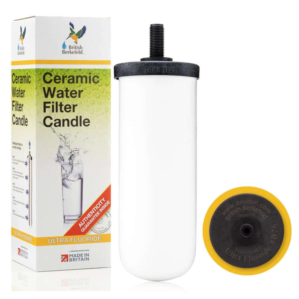 The Doulton British Berkefeld 7" Ultra Fluoride Ceramic Water Filter Candle Twin Pack, featuring a white ceramic surface with and the black end cap showcased on the right and its package box on the left