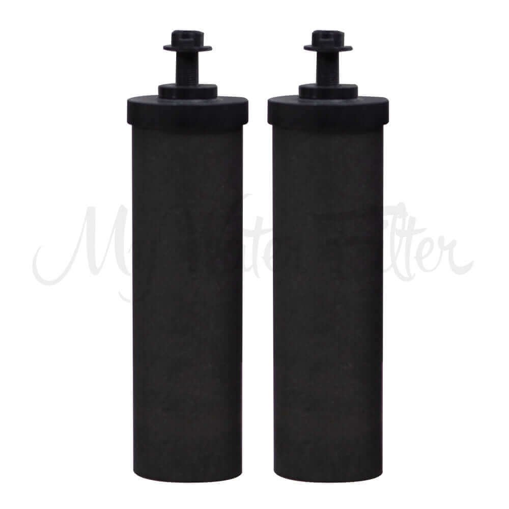 Two black cylindrical Filteroo Carbon Block 8" water filter cartridges with connectors on top, standing side by side