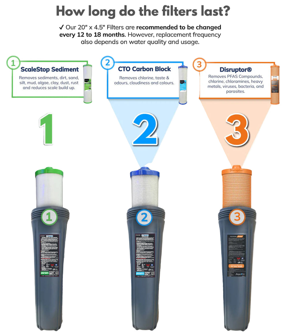 Diagram showing three-stage ULTRAPURE Home Filtration System with ScaleStop Sediment, CTO Carbon Block, and Disruptor cartridges, explaining their functions and recommended replacement period of 12 to 18 months