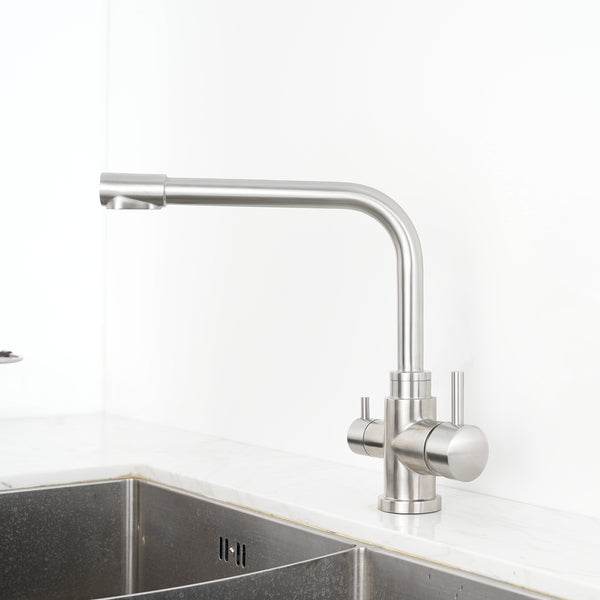 Tall Square Neck - 3 Way Kitchen Mixer Tap - Stainless Steel on tap