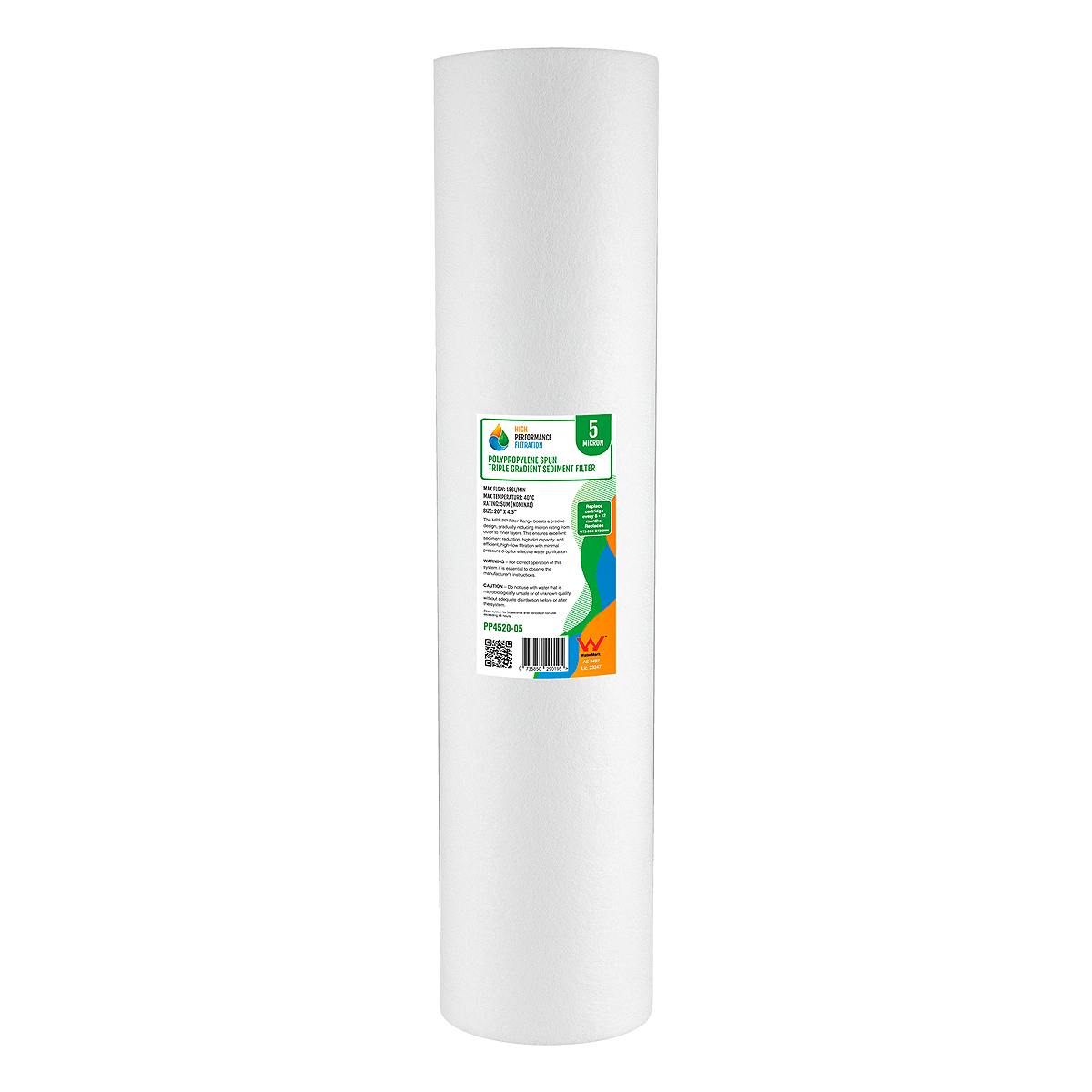 A white cylindrical polyspun sediment cartridge as part of the HPF 20" x 4.5" Triple Big Blue Whole House Chlorine Reduction Water Filter System with Stainless Steel Cover