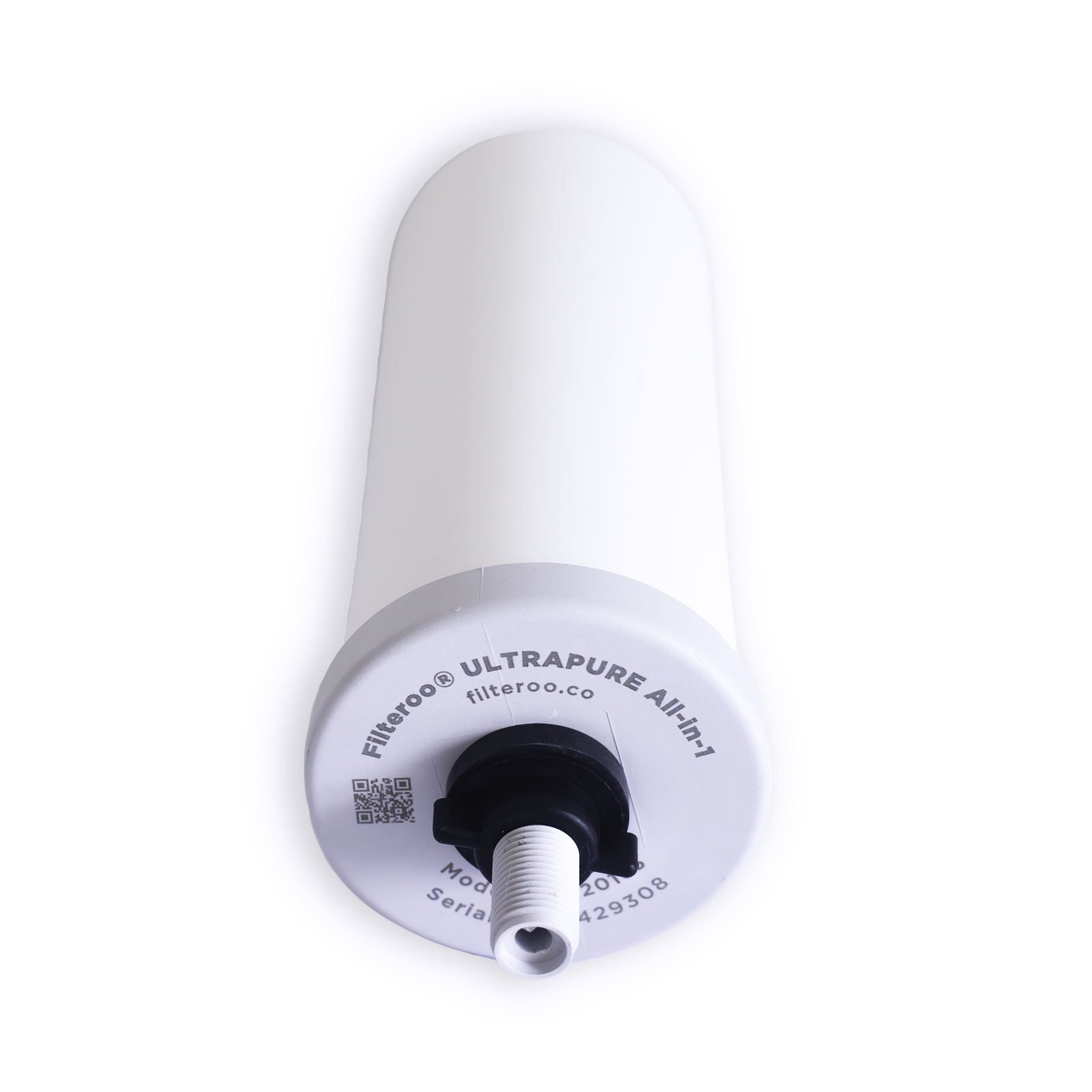 The Filteroo® ULTRAPURE 7" All in 1 Ceramic Gravity Water Filtration Candle, part of the twin pack by Filteroo, features a white cylindrical design with a labeled base and a small nozzle and locking nut at one end.