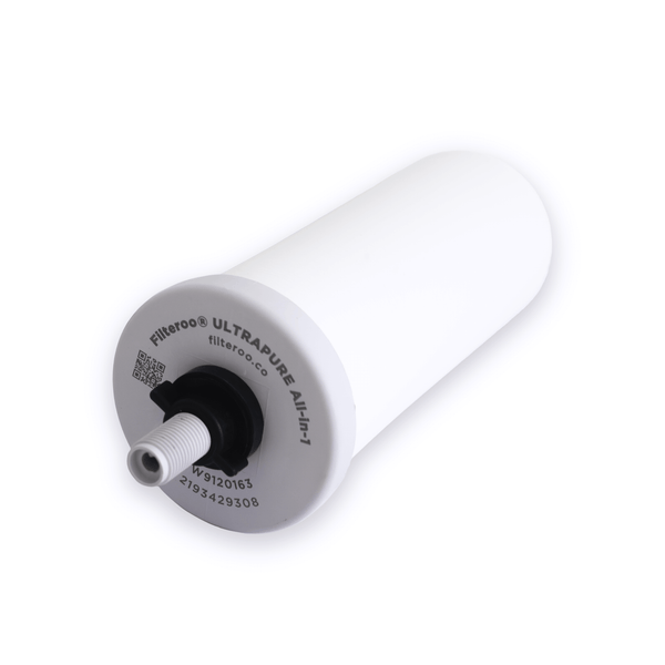White cylindrical water filter cartridge labeled 