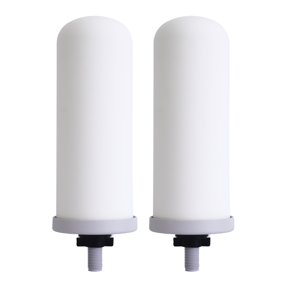 Two Filteroo® ULTRAPURE 7" All in 1 Ceramic Gravity Water Filtration Candles with black connectors, positioned side by side