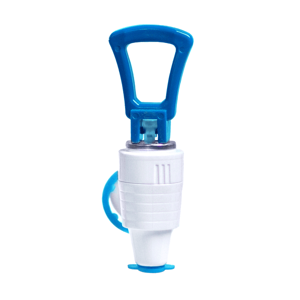 A Filteroo® Blue Tap, a white and blue plastic tool with a handle, designed for squeezing out toothpaste or similar tubes.