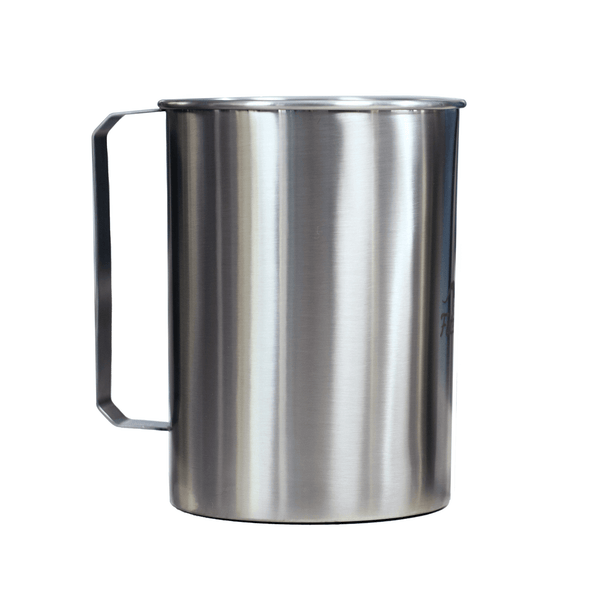 The Filteroo® Stainless Steel Jug, with its sleek design and robust handle, stands upright against a white backdrop. Ideal for those seeking reliable clean water access, it combines functionality and elegance in one sophisticated package.
