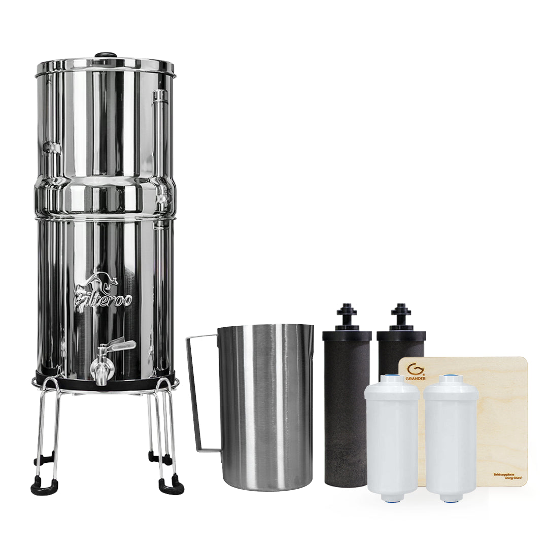 Filteroo® Stainless Steel Gravity Water Filter with Grander Revitalised Structured Water Energy Board and Fluoride Reduction Cartridge