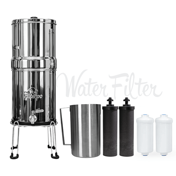 Filteroo® Stainless Steel Gravity Water Filter system sits on a stainless steel stand with its tap. On the right are the stainless steel jug, two black carbon block cartridges,  and two white Max Fluoride cartridges