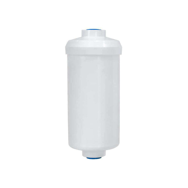 A white cylindrical Filteroo® Max Fluoride Removal Gravity Water Filter Cartridge with blue end caps.