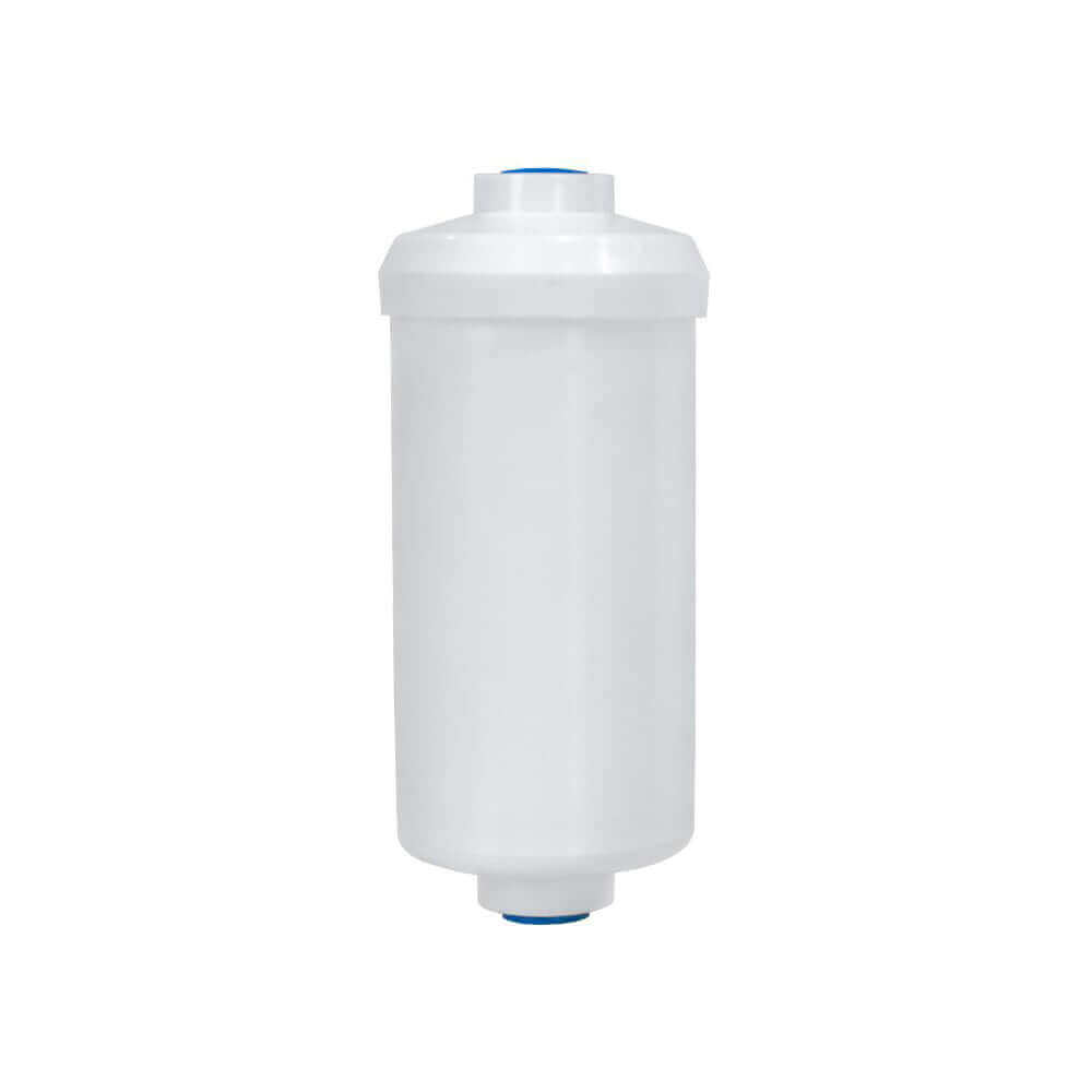 A white cylindrical Filteroo® Max Fluoride Removal Gravity Water Filter Cartridge with blue end caps.