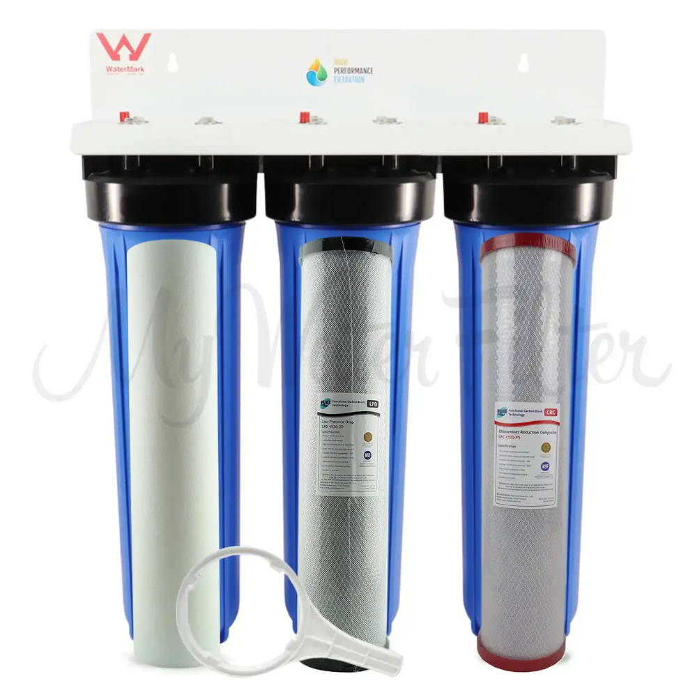 The HPF 20" x 4.5" Triple Big Blue Whole House Chloramine Reduction Water Filter Syste, featuring a white bracket, blue housings showing the three cartridges inside, and a white housing removal tool.