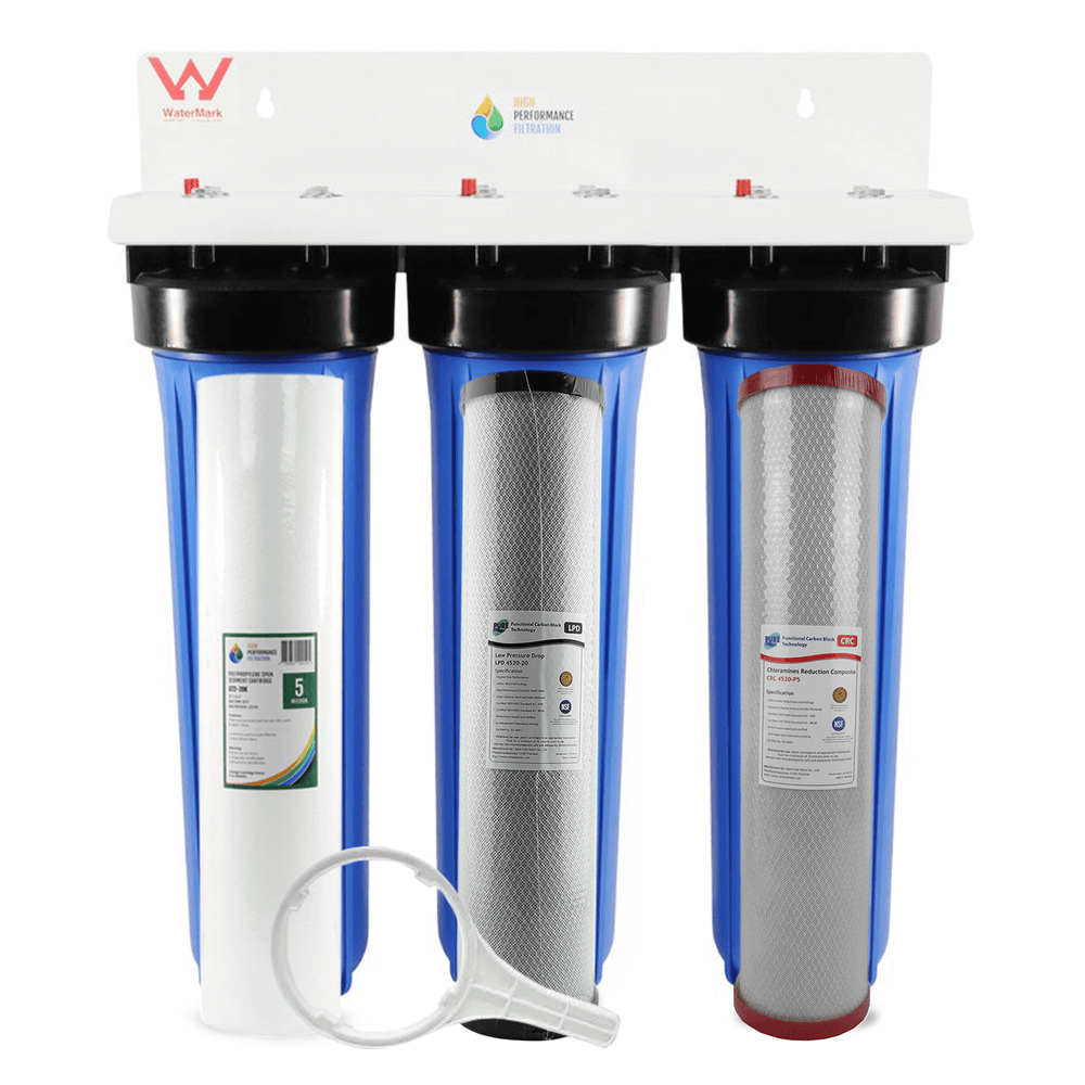 High Performance Filtration offers the HPF 20" x 4.5" Triple Big Blue Whole House Chloramine Reduction Water Filter System, featuring blue housings and accompanied by a white filter wrench for effective chloramine reduction.