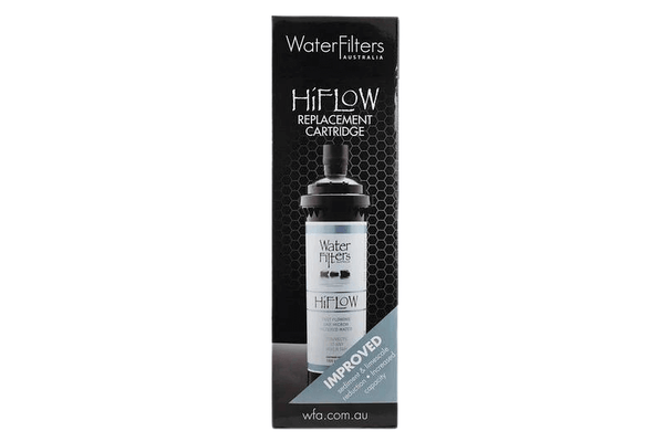 Black box featuring the HiFlow 1 Micron Under Sink Inline Water Filter Replacement Cartridge
