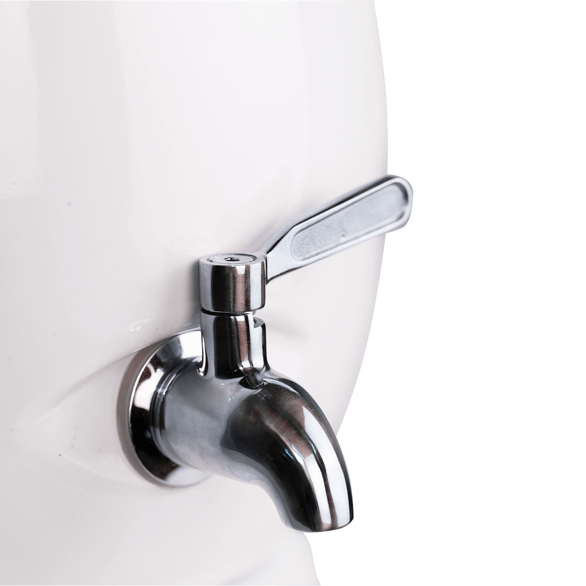 Close-up of a shiny silver tap with a lever handle, attached to the Filteroo® Joey 12L Gravity Ceramic Water Filter featuring Grander Revitalised Structured Water, all resting on a white surface.