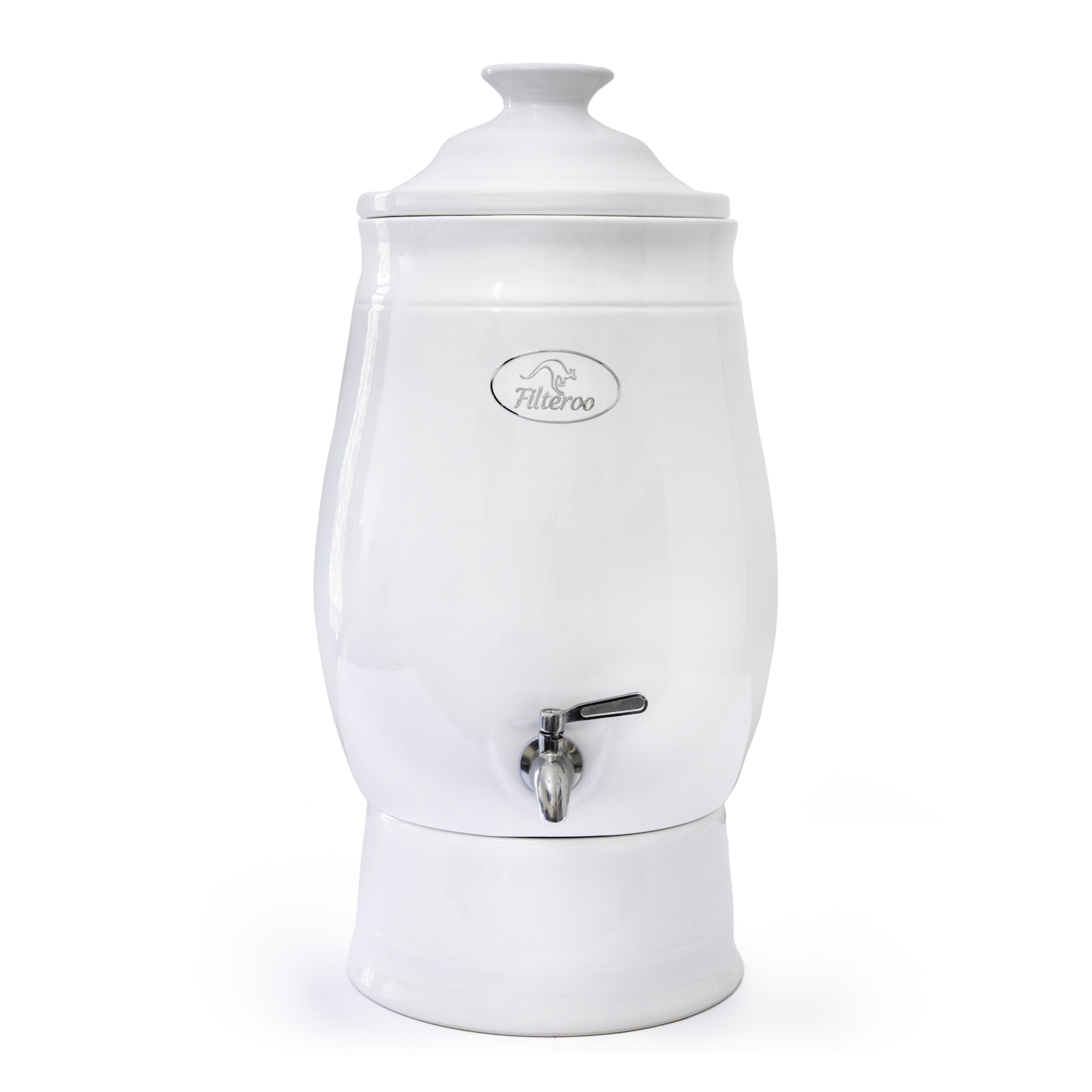 The Filteroo® Joey 12L Gravity Ceramic Water Filter is a white ceramic, gravity-fed system that includes a convenient lid and metal spout. It effectively purifies your drinking water with a carbon cartridge, ensuring freshness with every pour.