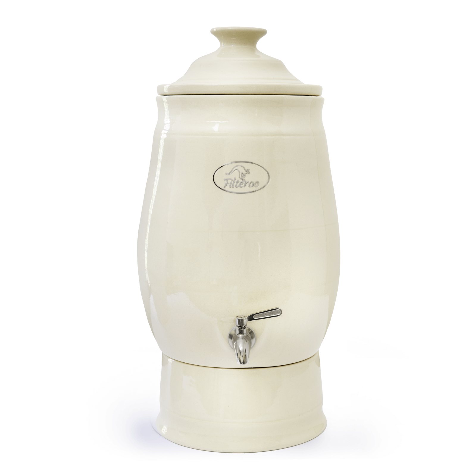 The Filteroo® Joey 12L Gravity Ceramic Water Filter, crafted by Filteroo, features a cream-colored stoneware body and a lid, utilizing gravity-fed technology for optimal filtration.