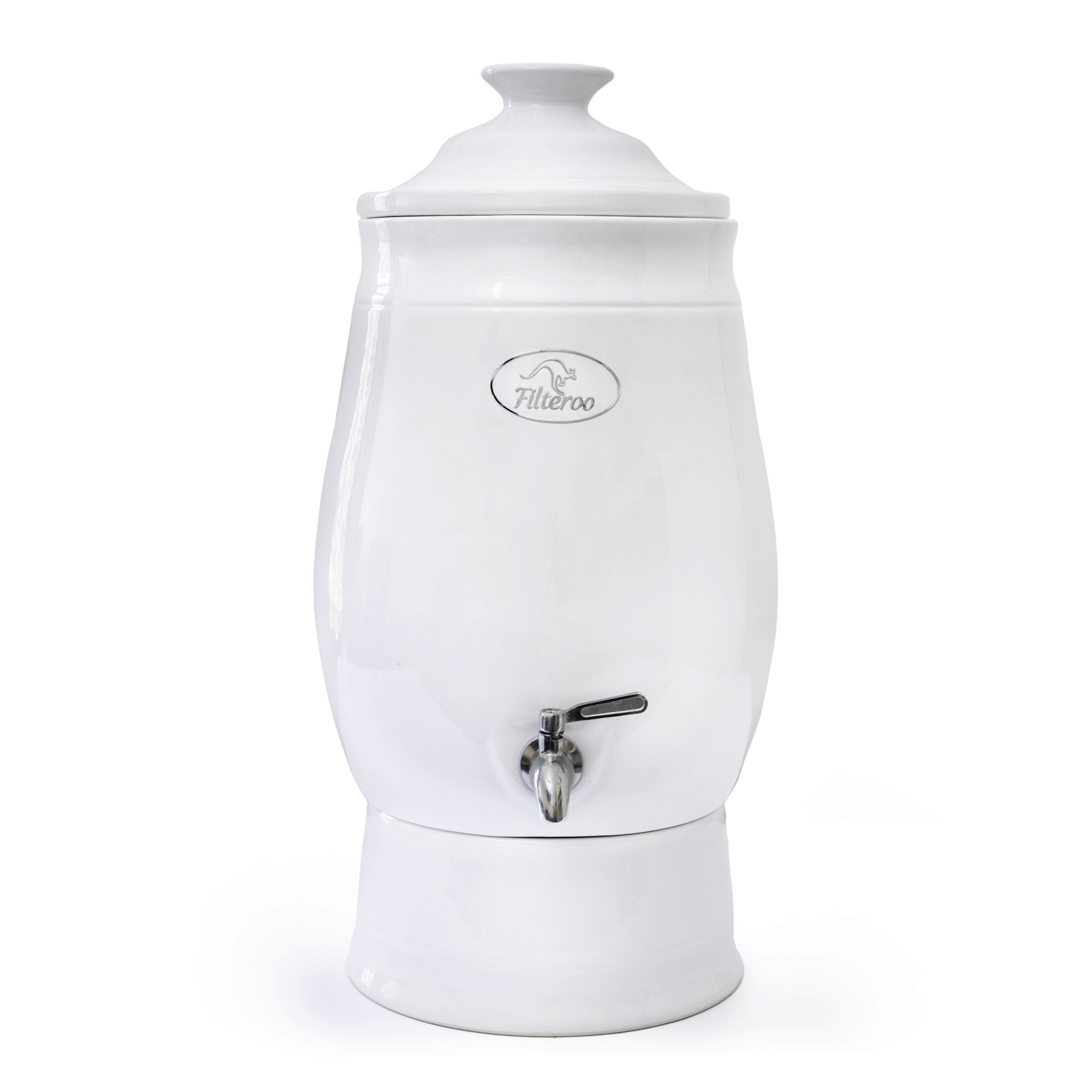 The Filteroo® Joey 12L Gravity Ceramic Water Filter by Filteroo is an elegant white ceramic urn that operates as a gravity-fed water filter, featuring a secure lid.