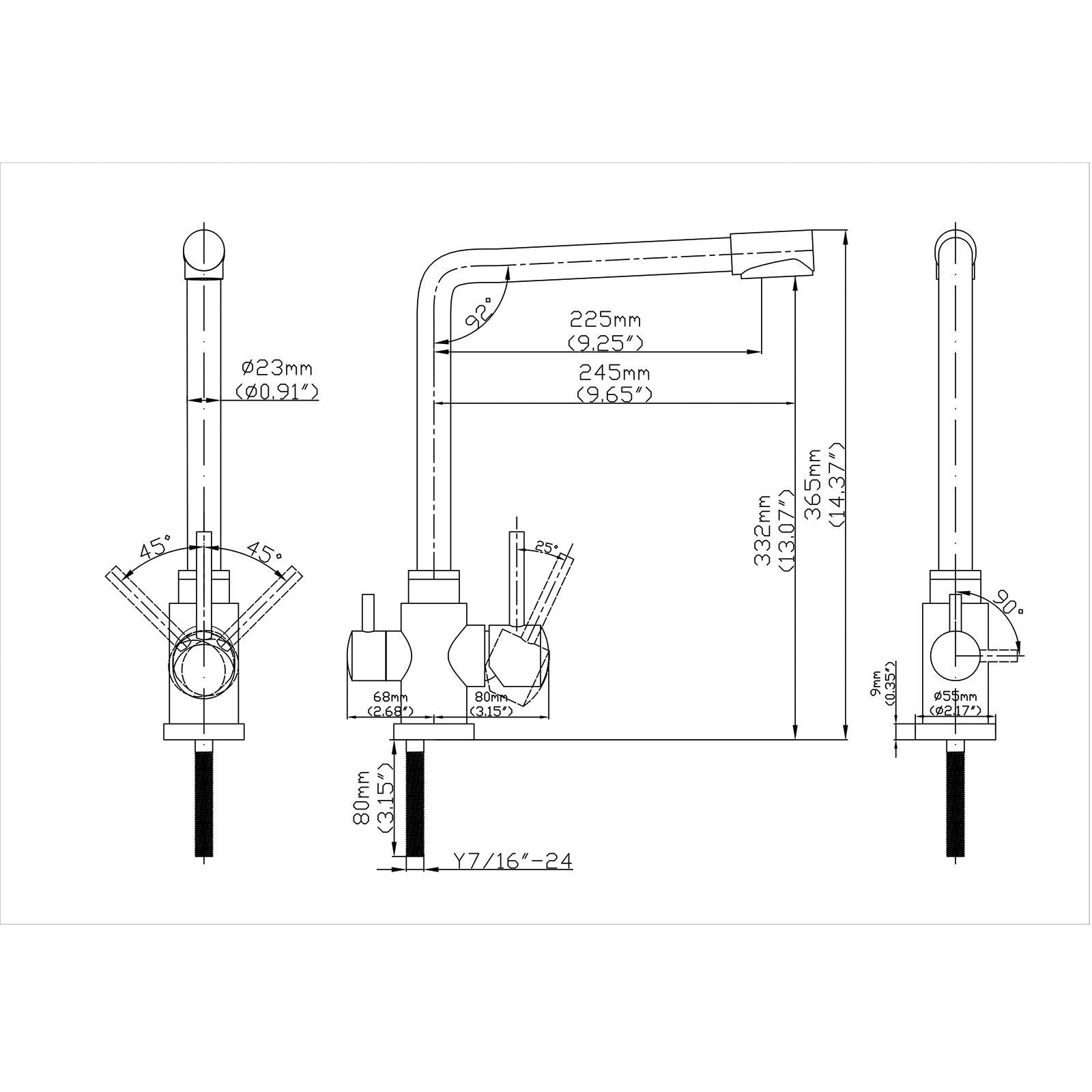 Short Square Neck - 3 Way Kitchen Mixer Tap - Stainless Steel diagram