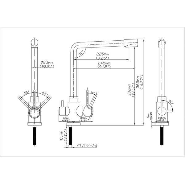 Short Square Neck - 3 Way Kitchen Mixer Tap - Stainless Steel diagram