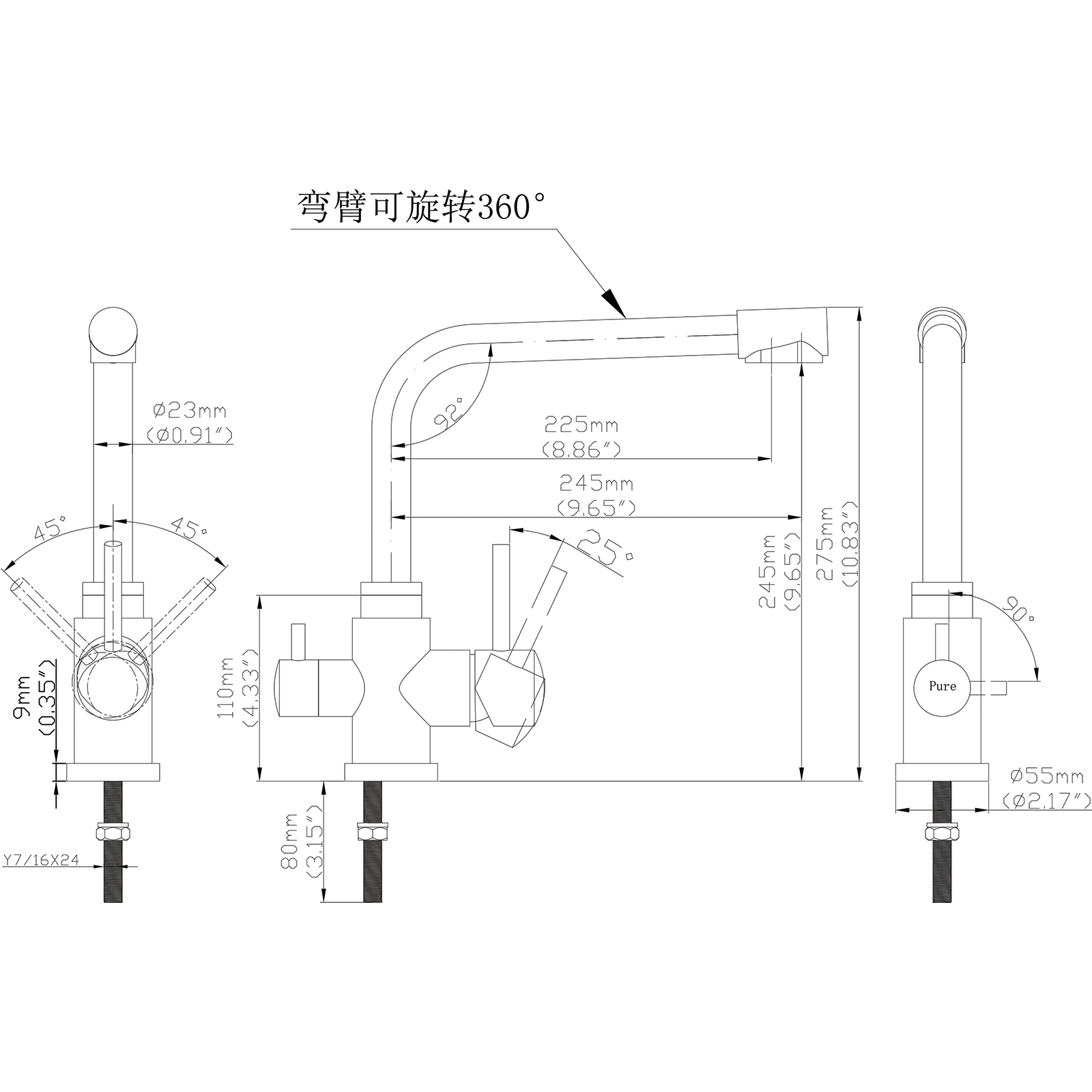 Tall Square Neck - 3 Way Kitchen Mixer Tap - Stainless Steel diagram