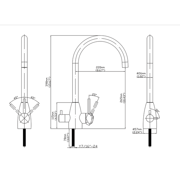 Gooseneck - 3 Way Kitchen Mixer Tap - Stainless Steel diagram