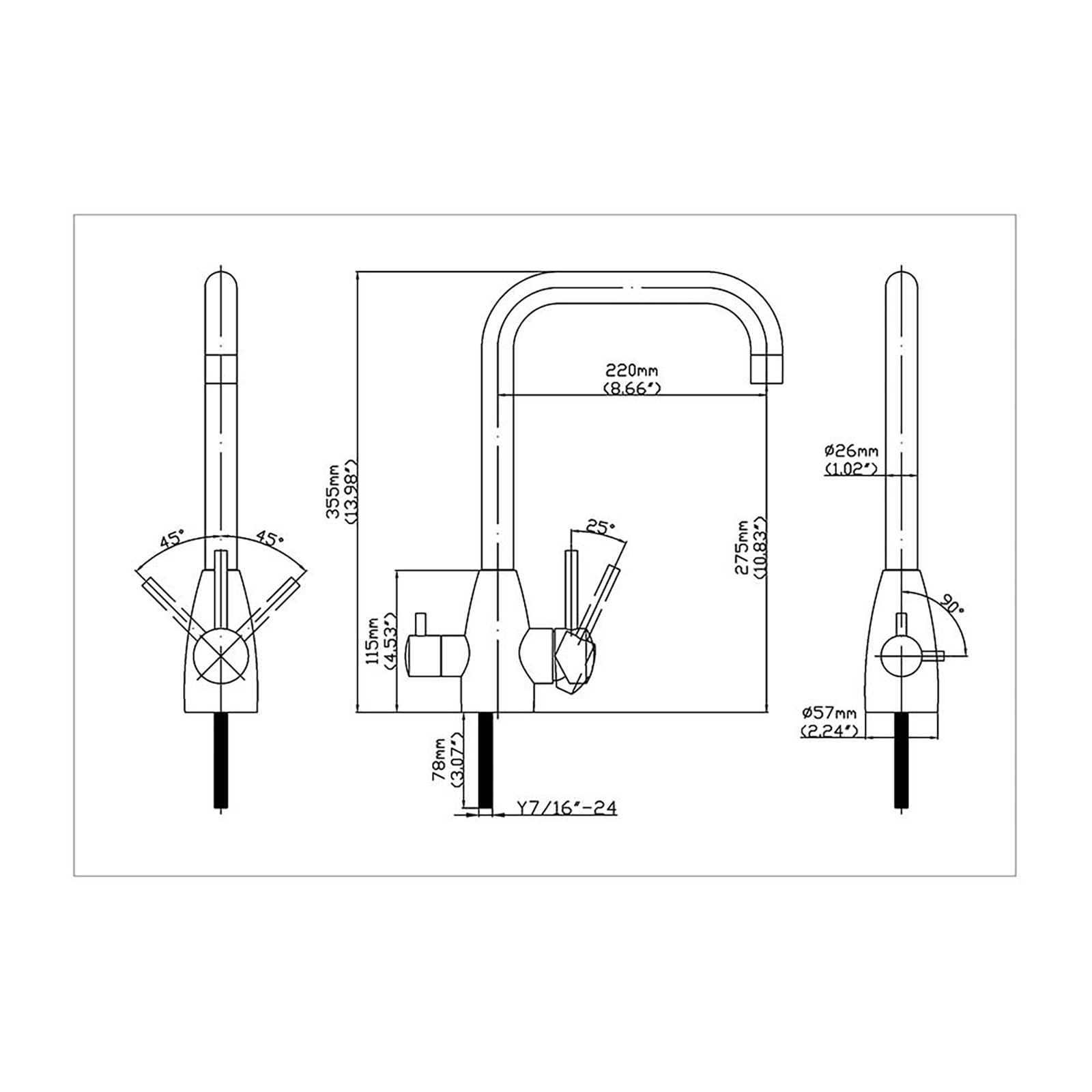 3 Way Mixer Tap - Rounded Square Neck - Stainless Steel