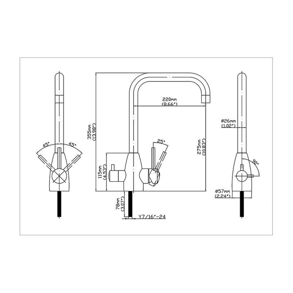 3 Way Mixer Tap - Rounded Square Neck - Stainless Steel
