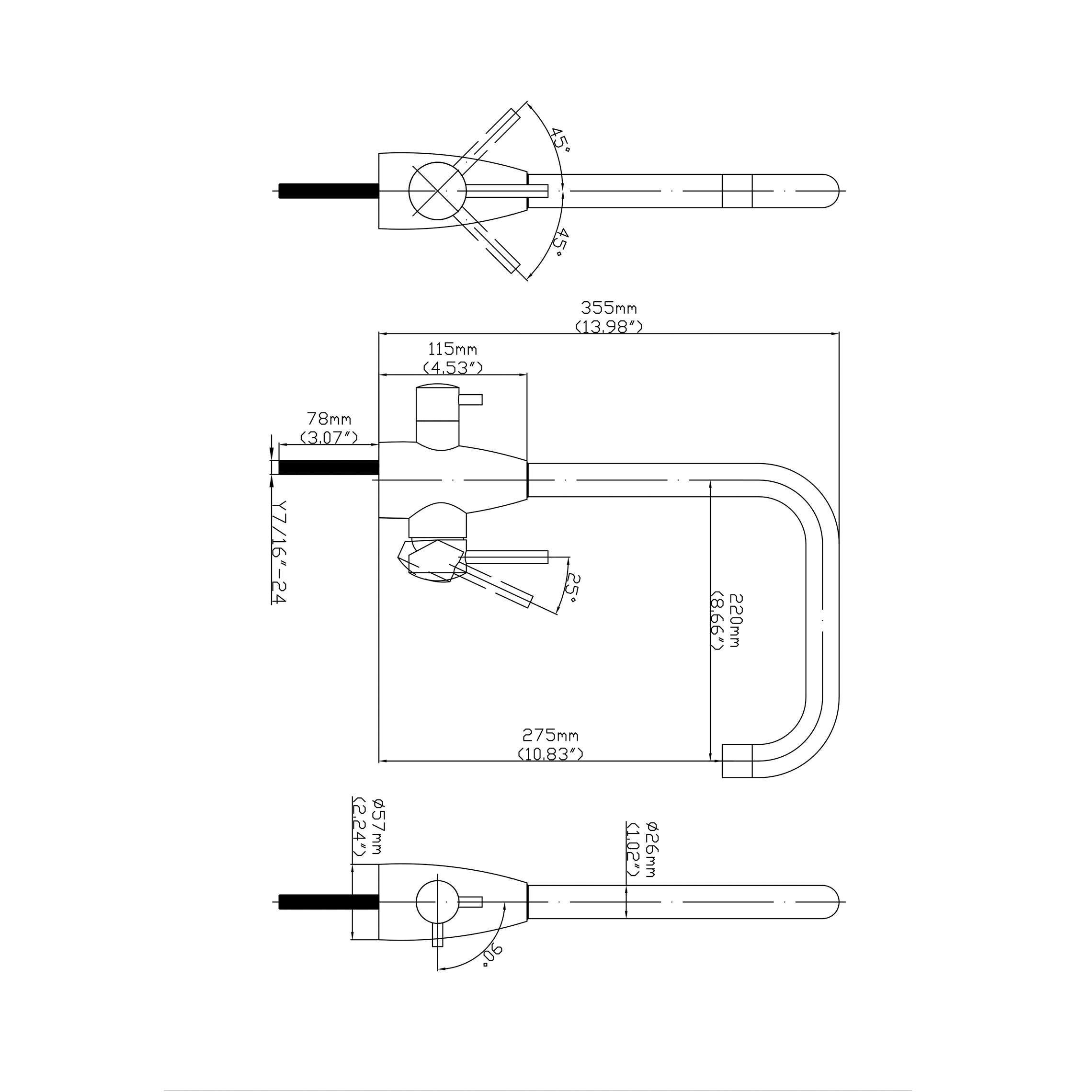 3 Way Mixer Tap - Rounded Square Neck - Stainless Steel Diagram