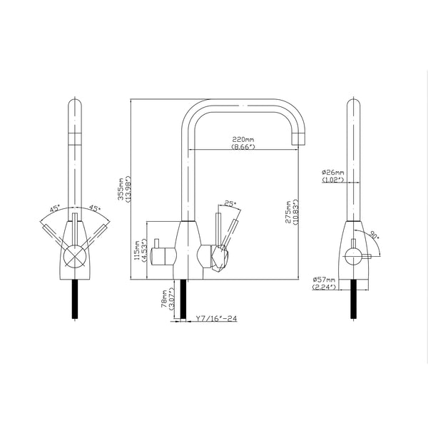 3 Way Mixer Tap - Rounded Square Neck - Stainless Steel Diagram