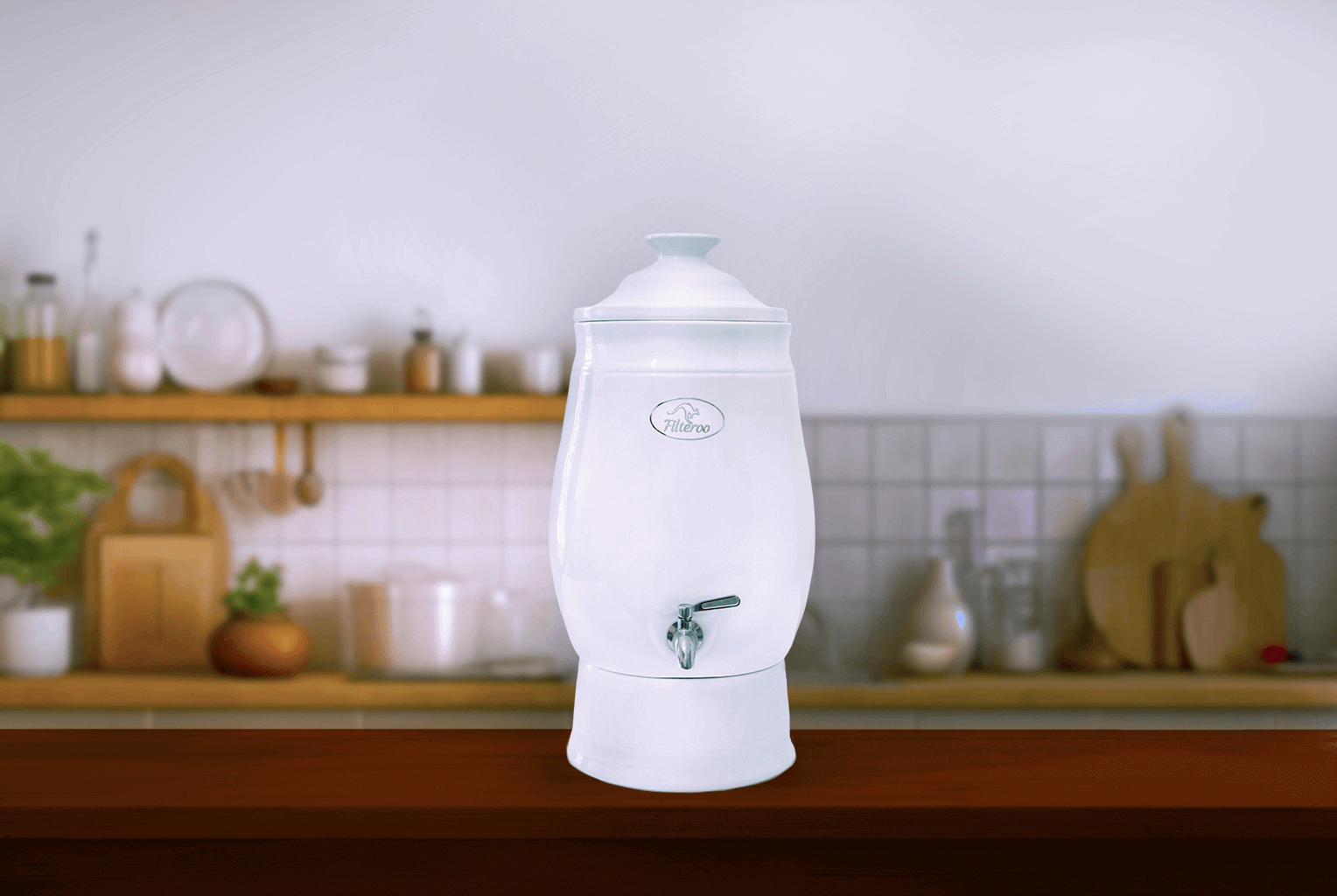 A Filteroo® Joey 12L Gravity Ceramic Water Filter by Filteroo sits on a wooden counter in a kitchen, surrounded by shelves and various kitchen items.