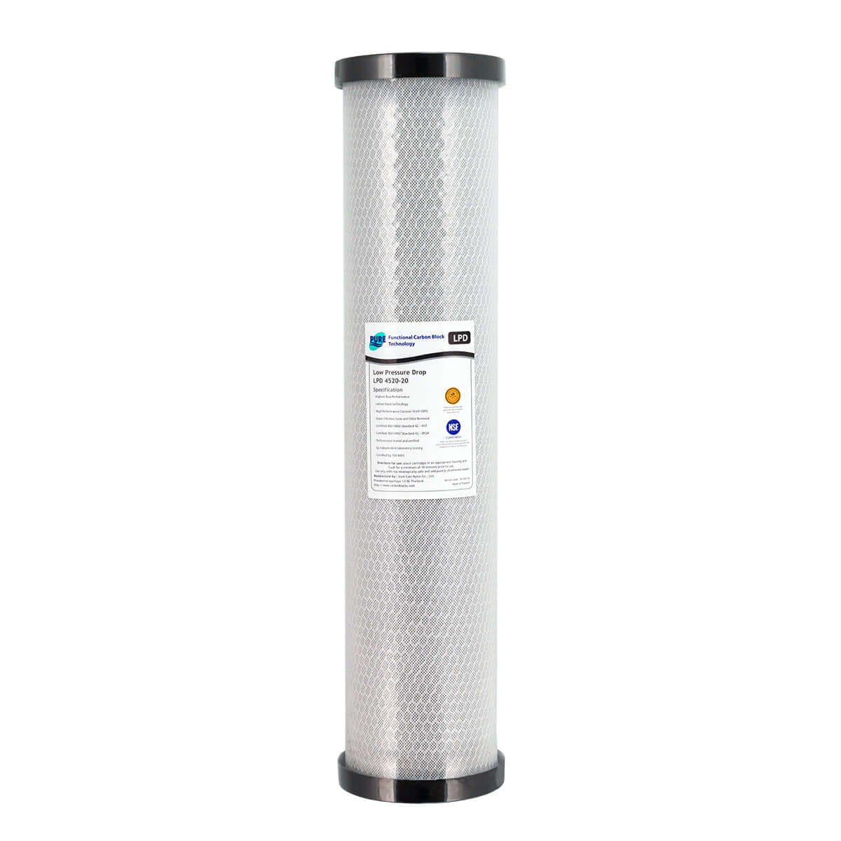 A white mesh cylindrical carbon block cartridge with black end caps as part of the HPF 20" x 4.5" Triple Big Blue Whole House Chlorine Reduction Water Filter System.