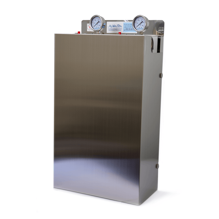 The MWF 20" x 4.5" Twin Big Blue Whole House Water Filter System is a large rectangular stainless steel box with two pressure gauges on top
