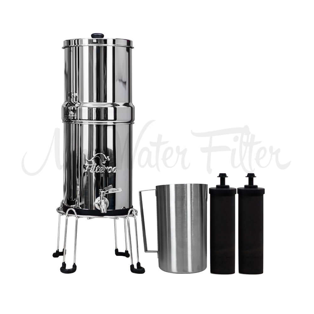 Filteroo® Stainless Steel Gravity Water Filter system featuring two black carbon block filter cartridges and a stainless steel jug.