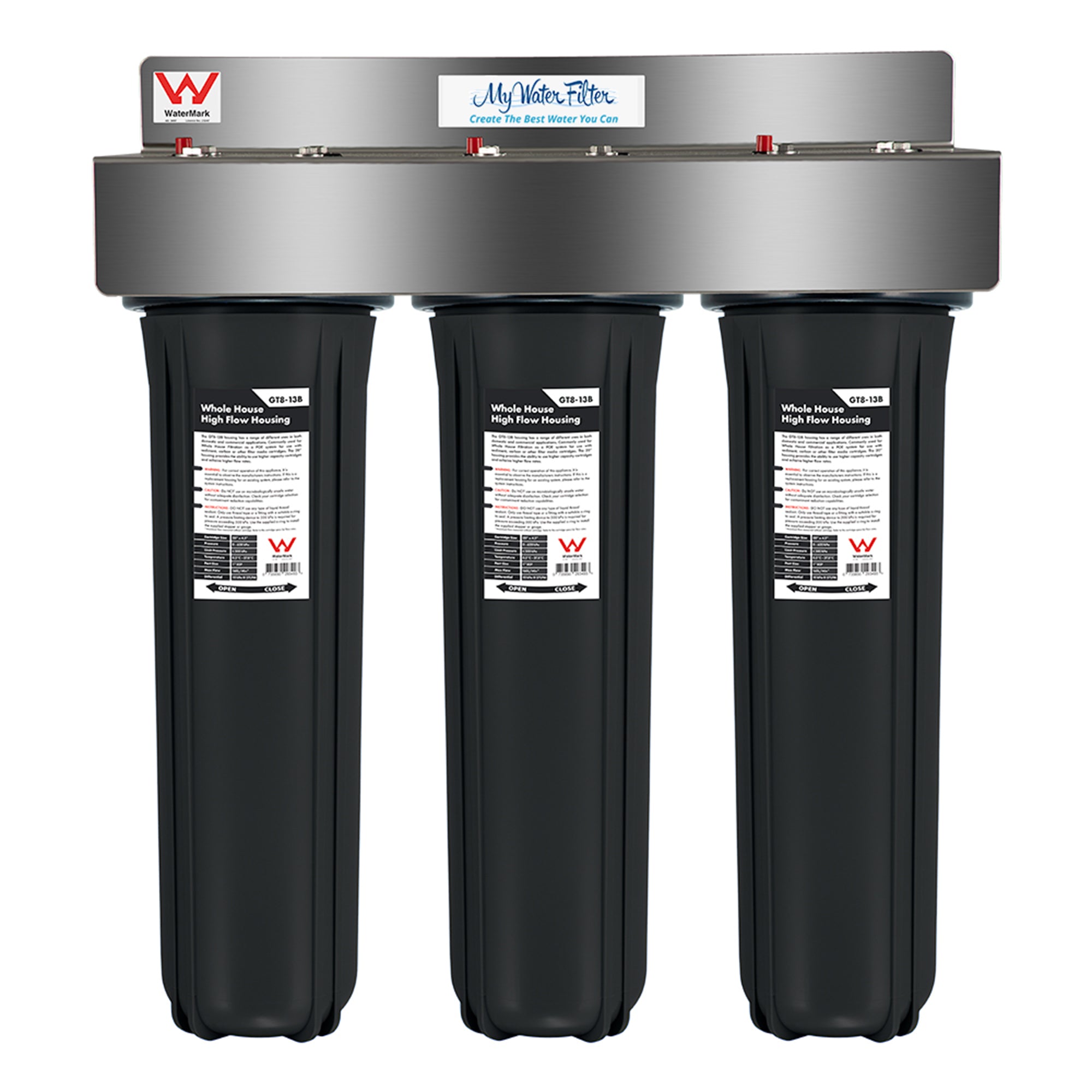Three black whole house water filter cartridges with a stainless steel bracket on top thats on a white background