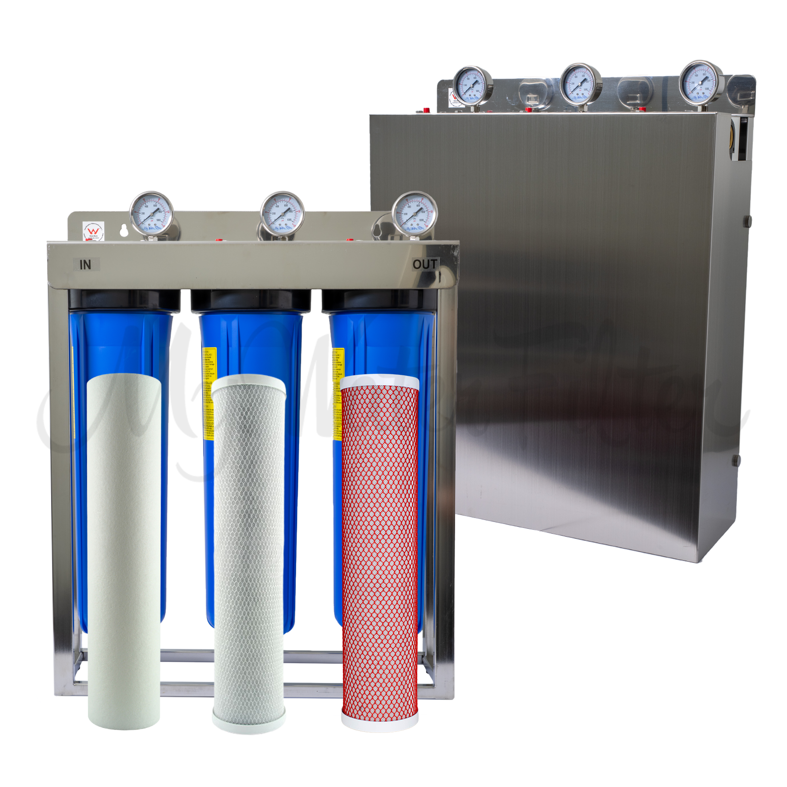 The MWF 20" x 4.5" Triple Big Blue Whole House Water Filter System with Aragon by My Water Filter includes three large blue canisters, multiple pressure gauges, and a robust filtration system for efficient water purification.