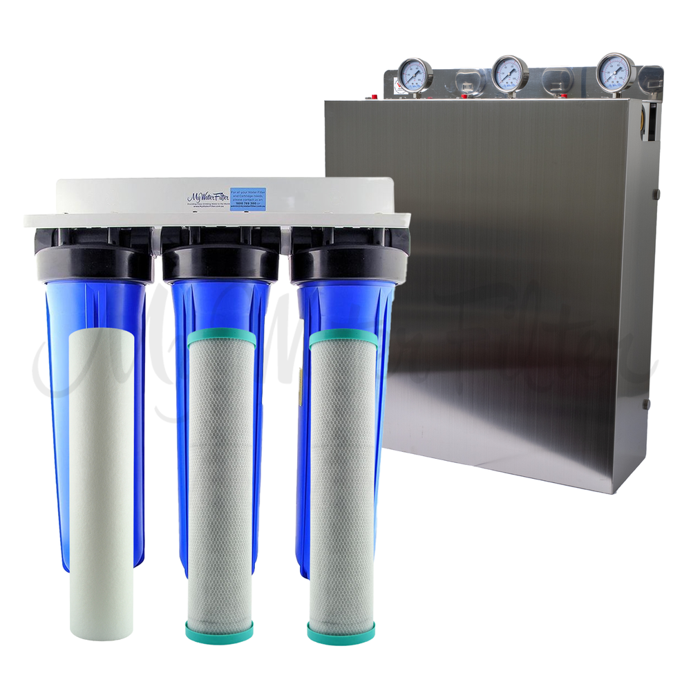 The MWF 20" x 4.5" Triple Big Blue Whole House Water Filter System features a white bracket, three blue cylindrical housings with black head caps, consisting of a sediment filter and two carbon block filters. An upgraded version is shown at the back showcasing the stainless steel cover with three pressure gauges.