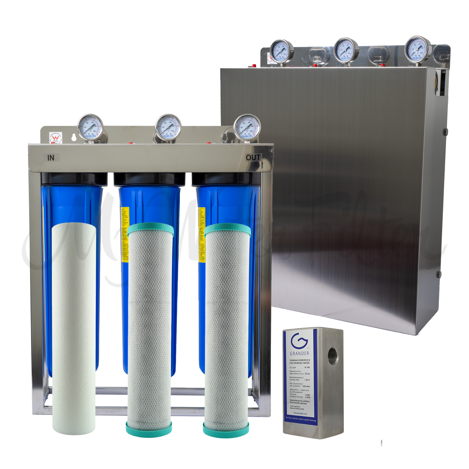 The MWF 20" x 4.5" Triple Big Blue Whole House Water Filter System by My Water Filter, complete with GRANDER technology, features pressure gauges, blue filters, and a sleek stainless steel casing to ensure your entire property enjoys pristine, structured water.