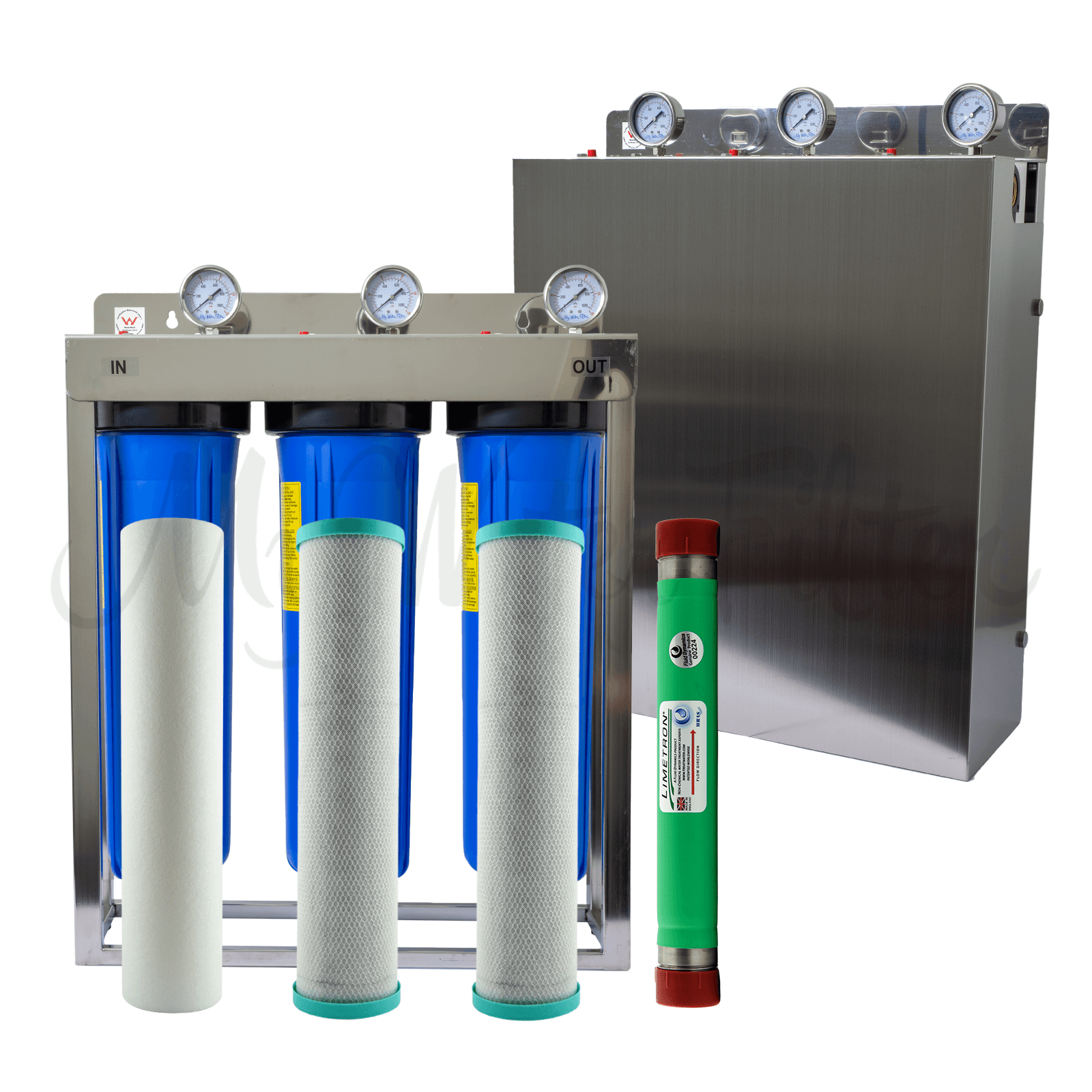 The MWF 20" x 4.5" Triple Big Blue Whole House Water Filter System includes a stainless steel frame with 3 pressure gauges, three blue filter chambers composed of 1 sediment filter and 2 carbon block cartridges, and a Limetron hard water conditioner in its green cover with red end caps, making it highly effective for treating chlorinated water. An upgraded version of the system is displayed at the back with its stainless steel cover.