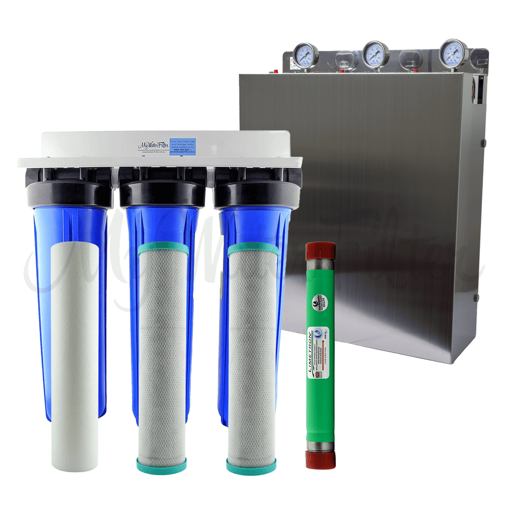 The MWF 20" x 4.5" Triple Big Blue Whole House Water Filter System Complete with Hard Water Conditioner features a white bracket, three blue housings with black end caps securing the sediment filter and 2 carbon block cartridges inside with a Limetron Hard Water Conditioner standing on the right with its green cover and red end caps to efficiently condition hard water. The upgraded version of this system is displayed at the back with its stainless steel cover and three pressure gauges.