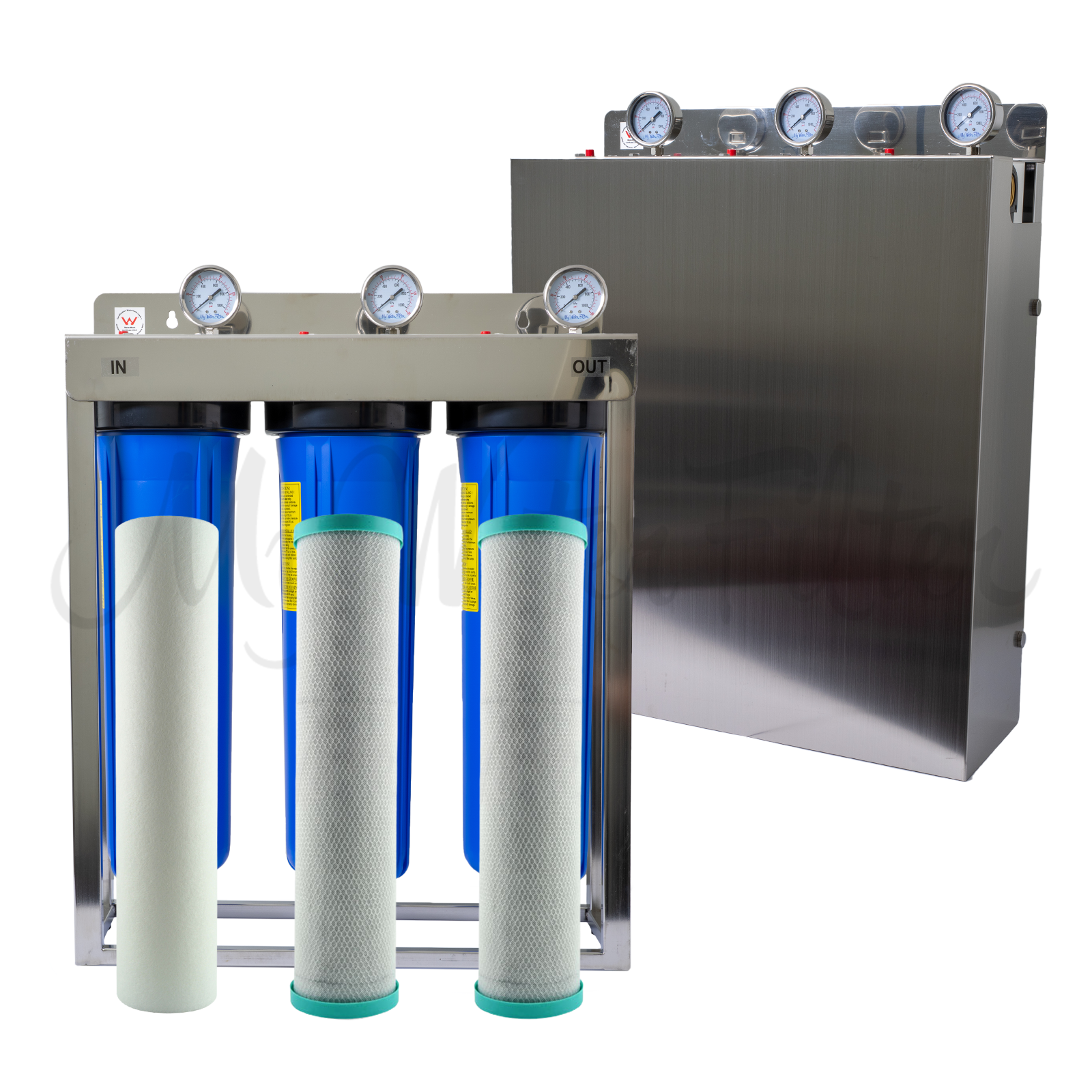 The My Water Filter MWF 20" x 4.5" Triple Big Blue Whole House Water Filter System includes advanced Carbon Block Filters and a Sediment Filter within three blue housings and is equipped in a stainless steel frame with WaterMark logo and 3 pressure gauges for optimal performance. An upgraded version is displayed at the back showcasing the stainless steel cover.