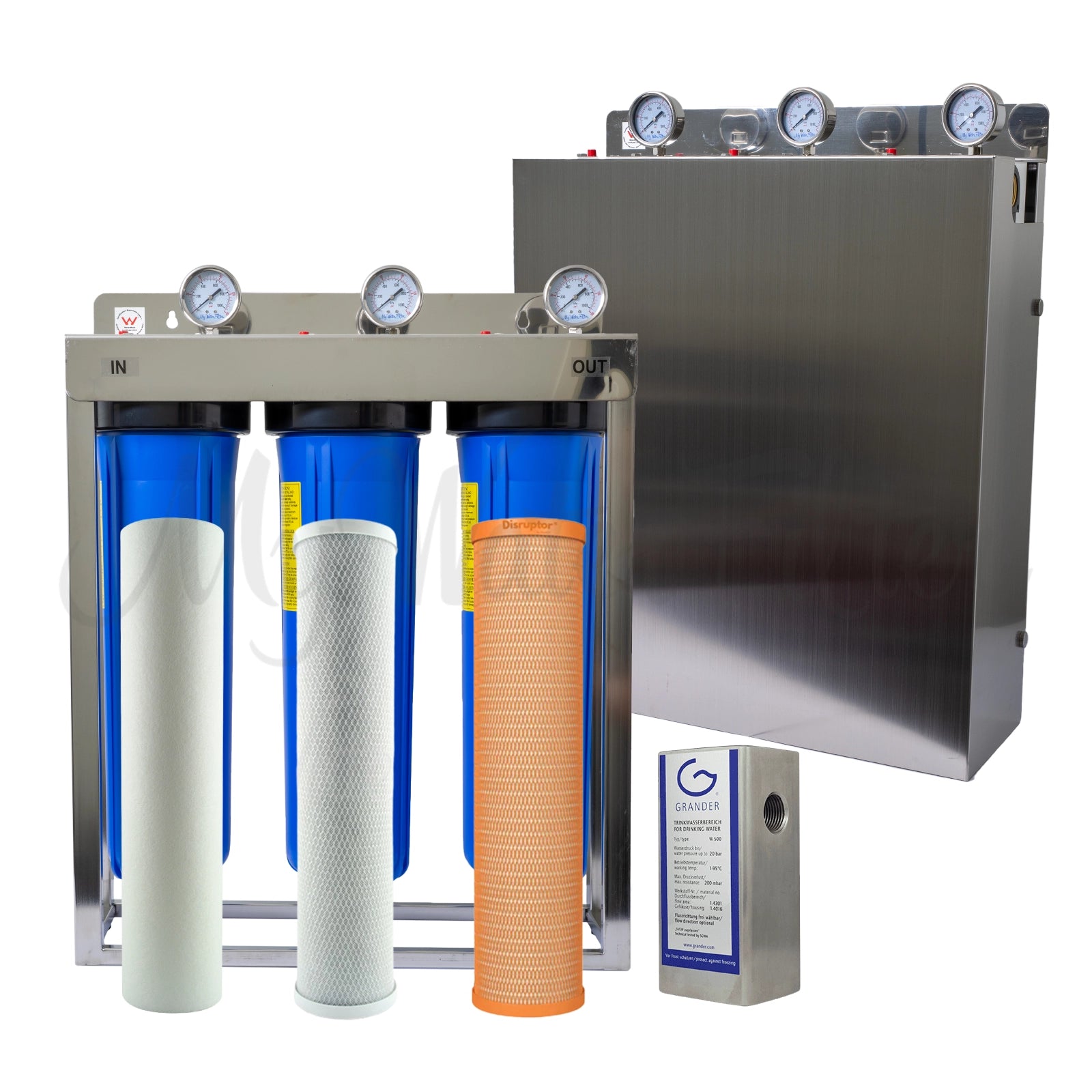 MWF 20" x 4.5" Triple Big Blue Whole House Water Filtration System with PFAS & Chlorine / Chloramine Removal Complete with GRANDER with watermark