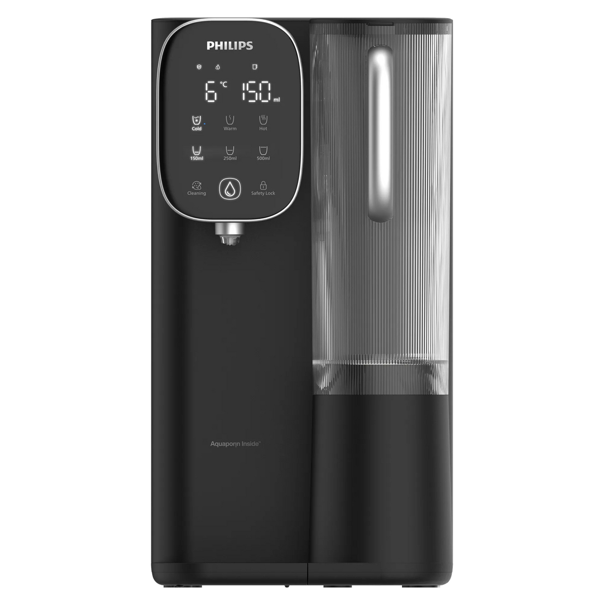 Close front view of the black Philips water station with its touchscreen display, dispensing spout, and ribbed clear water jug.