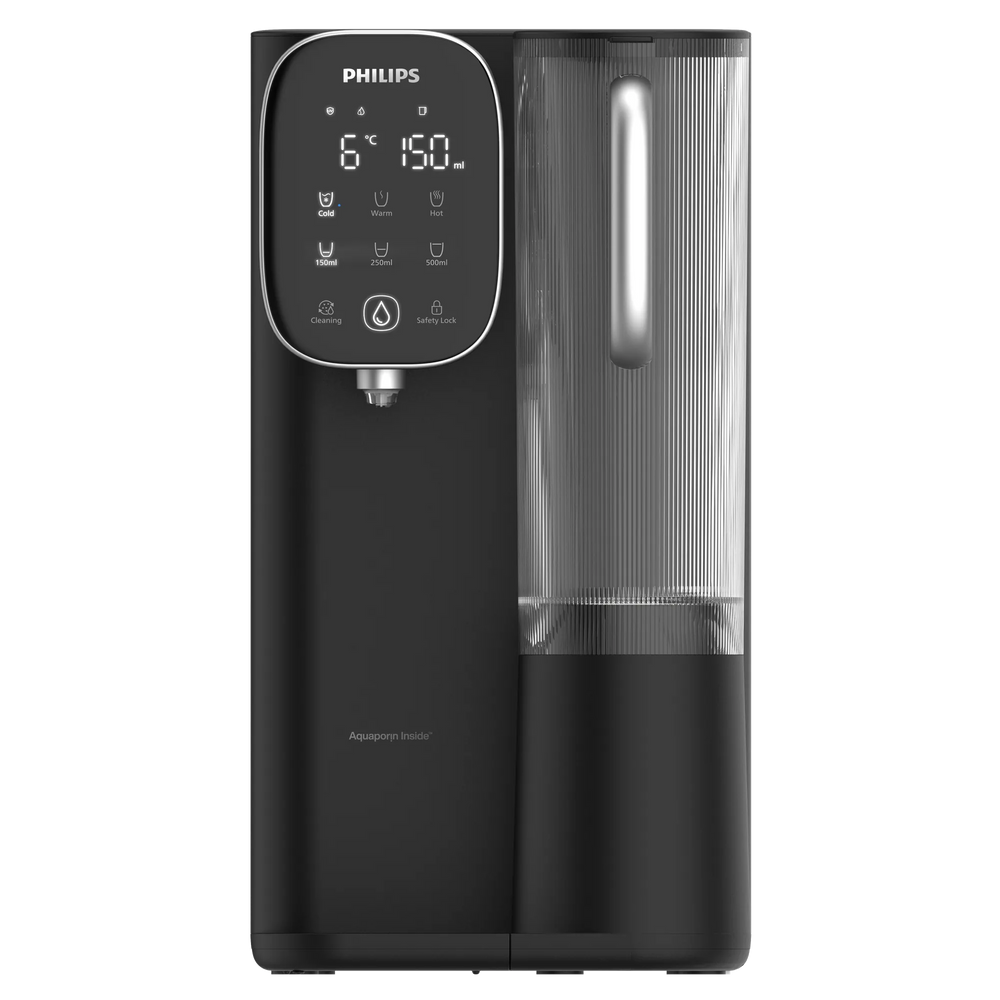 Close front view of the black Philips water station with its touchscreen display, dispensing spout, and ribbed clear water jug.