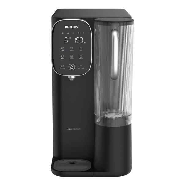 Front view of the black Philips water station with a touchscreen showing 6°C and 150 ml, and a ribbed clear water jug on the right.