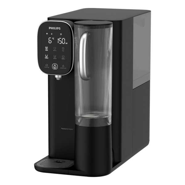 Angled view from the left of the black Philips water station, showing the touchscreen display, ribbed clear water jug with silver handle, and drip tray.