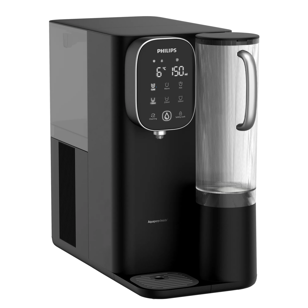 Angled front view of the black Philips hot and chilled water station with a touchscreen showing 6°C and 150 ml, a ribbed clear water jug, and a drip tray.