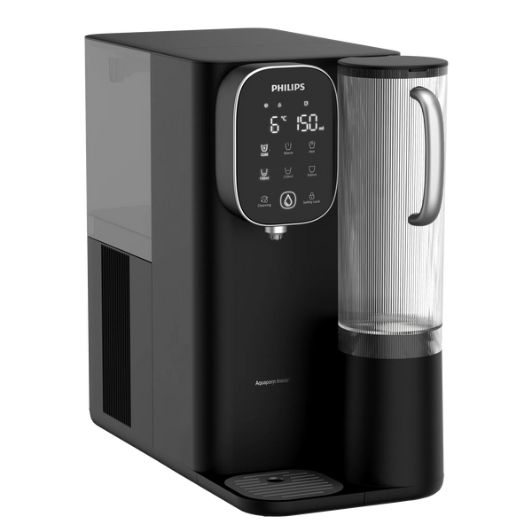 Angled front view of the black Philips hot and chilled water station with a touchscreen showing 6°C and 150 ml, a ribbed clear water jug, and a drip tray.