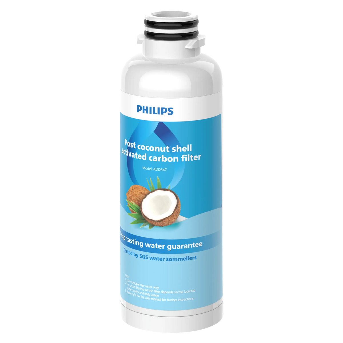 Philips ADD547 post coconut shell activated carbon filter, a white and blue bottle-shaped cartridge with a coconut graphic.